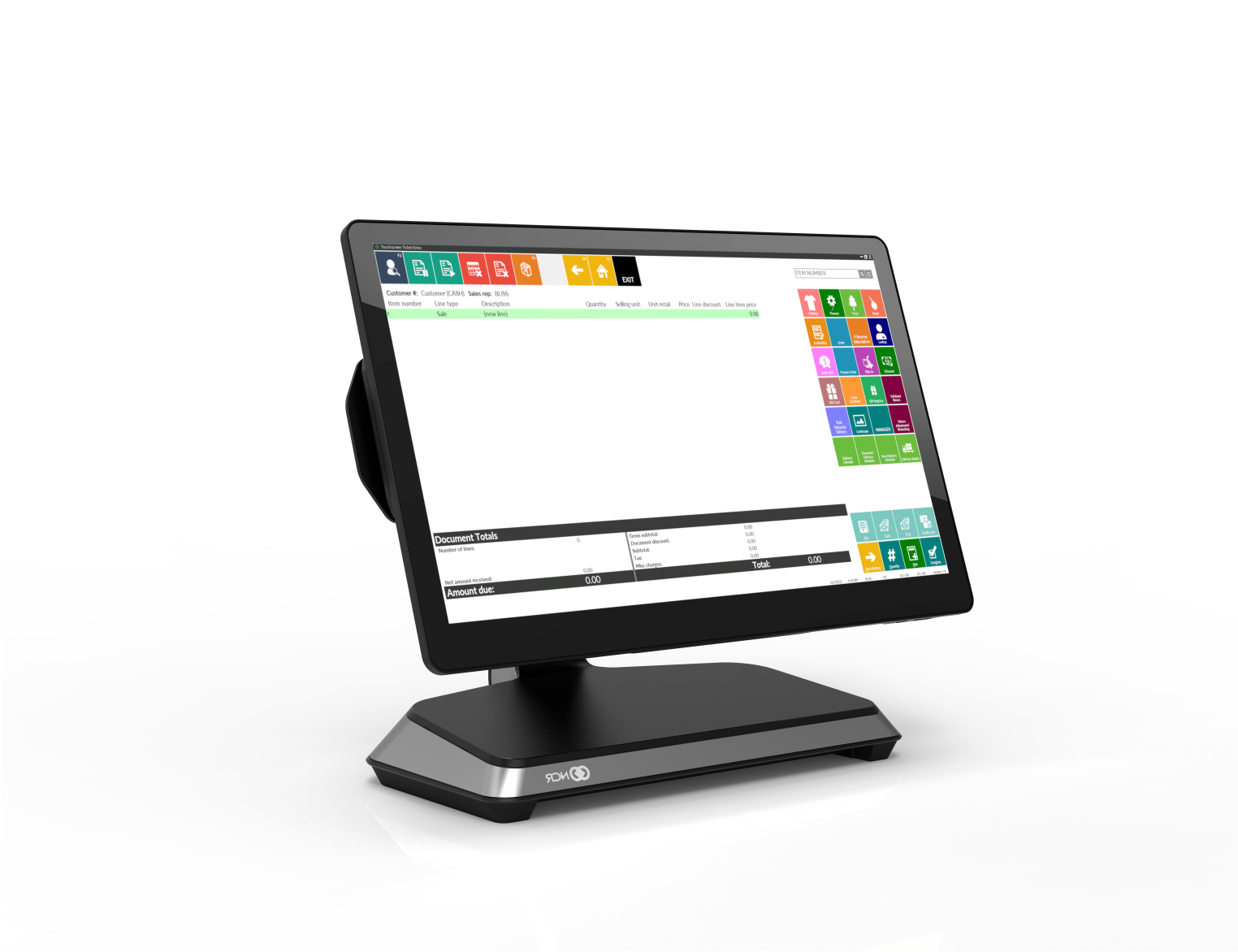 In this webinar, viewers will learn strategies for advancing your touchscreen configuration in Counterpoint. This is an image of an NCR CX7 Terminal with touchbuttons on it. White background