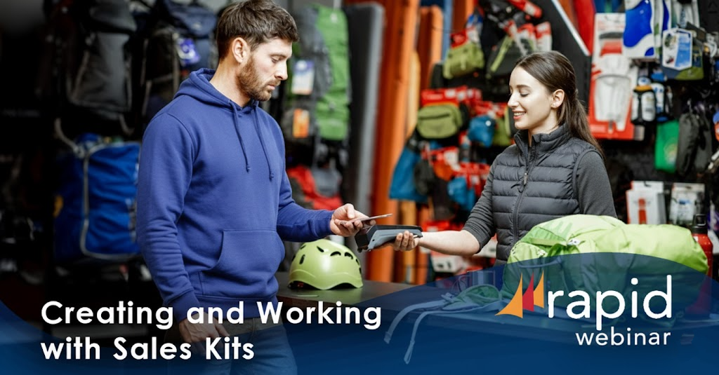 A retail employee assisting a customer with outdoor gear; join us for a Rapid POS webinar about kitting and creating sales kits in NCR Counterpoint.