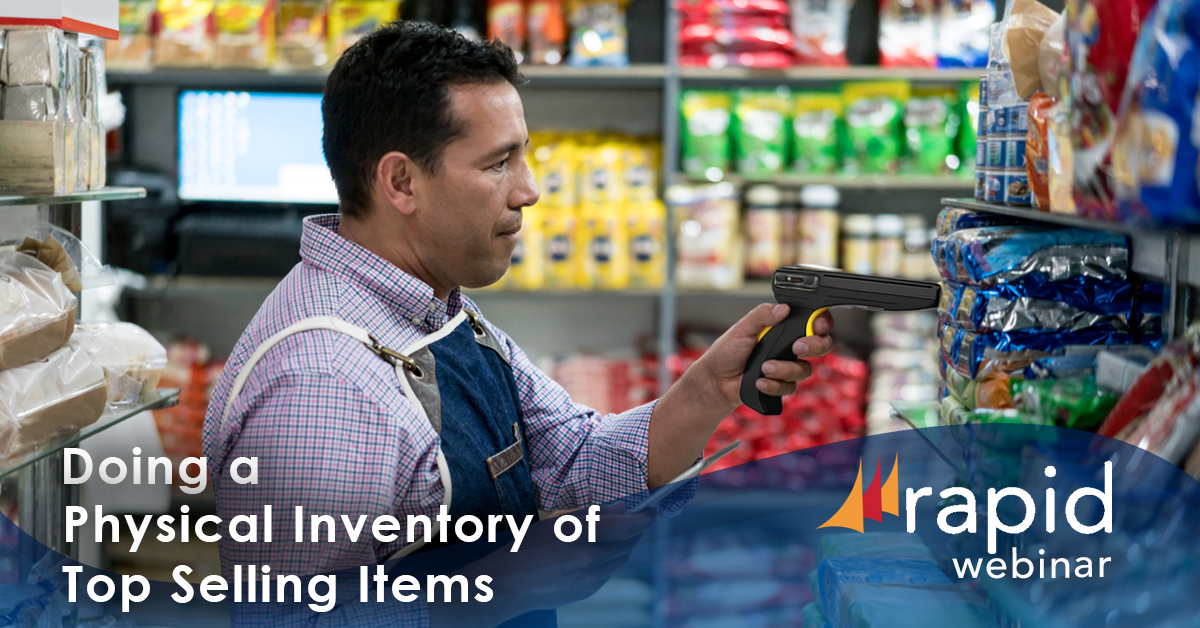 retail employee using a barcode scanner to perform a physical inventory count of top-selling items in a grocery store aisle.