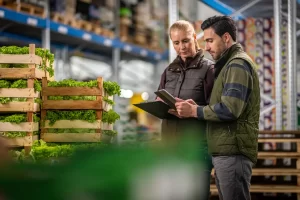 Male and female workers using digital tablet while checking crates of lettuce in back room of grocery store in winter. custom pos system in use on the tablet