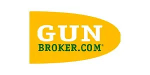 GUN BROKER.COM logo with yellow bullet shape and white and green text for firearms sales and transfers with Rapid POS integration.