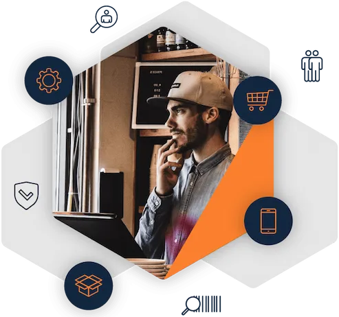 Man using laptop in cafe with Rapid POS icons: settings, user search, team, shopping cart, mobile, package, checkmark shield, highlighting business management and point-of-sale solutions.