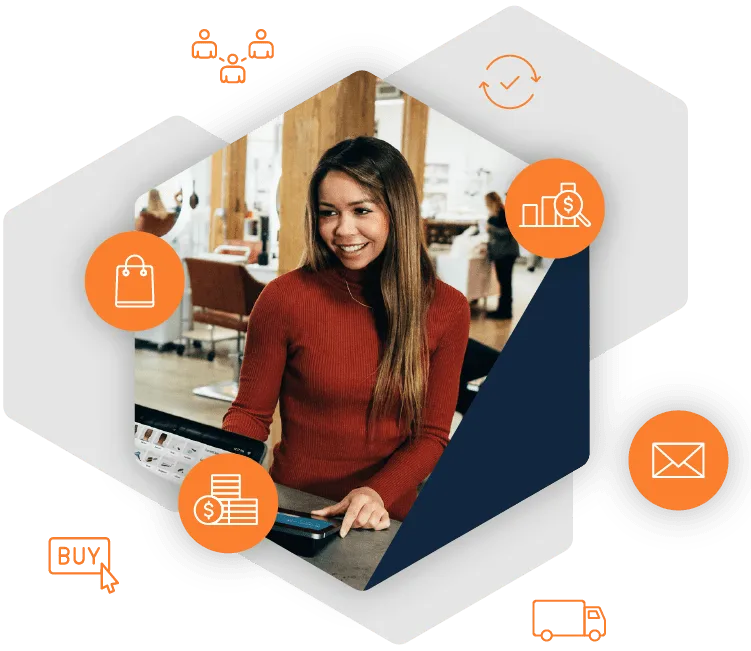 Rapid POS Solution customized based on business needs. Woman checking out at cashier station with icons on top. POS Contact, Reports, Calendar, Mobile, integrated and more icons.