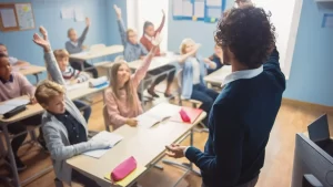 Kids at school raising their hands with the teacher facing them. The POS system is helping retailers prepare for what to stock in their store as kids prepare to go back to school during the fall