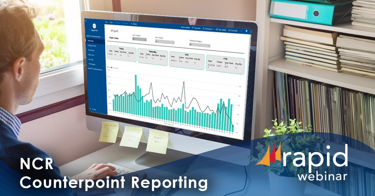 Retail professional reviewing detailed sales reports in Power BI after export from NCR Counterpoint. In this Rapid POS webinar, learn about data-driven reporting and retail performance analysis.