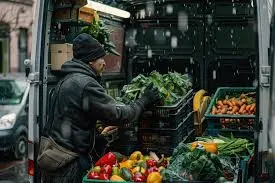 Man unloading produce for his specialty food store to meet seasonal demand in winter.