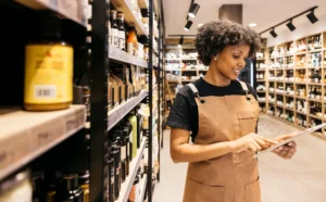 Retail employee in a well-lit store aisle using a tablet to check and manage inventory on neatly stocked shelves.