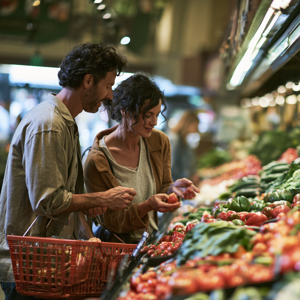 Couple shopping for fresh vegetables in an ethnic produce supermarket. The Grocery Store Inventory Management Software makes sure everything is well stocked.