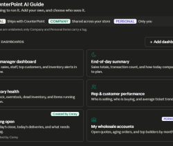 Guide to Dashboards & Reports — CounterPoint AI guide home screen with example dashboards and a saved question library.