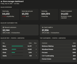 Store manager dashboard — Store manager dashboard showing today's Counterpoint sales by rep, customer type and top accounts.
