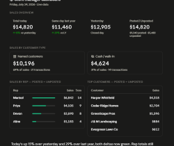 Store manager dashboard — Store manager dashboard showing today's Counterpoint sales by rep, customer type and top accounts.
