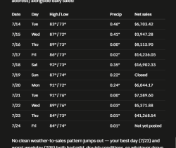 Weather + sales — Daily net sales lined up against local weather, combining Counterpoint data with outside data.